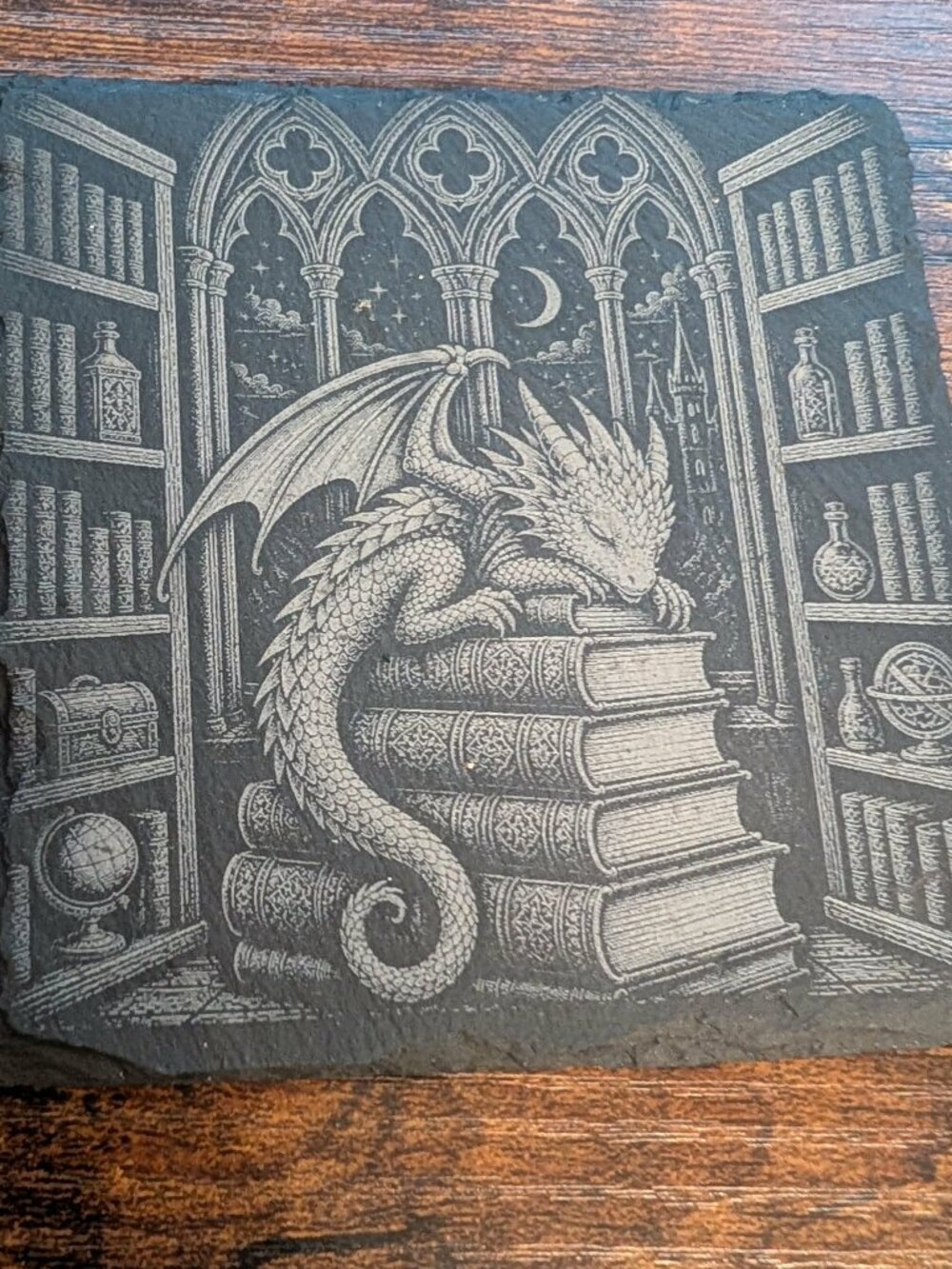 Sleeping Dragon Library Slate Coaster – Fantasy Bookish Decor